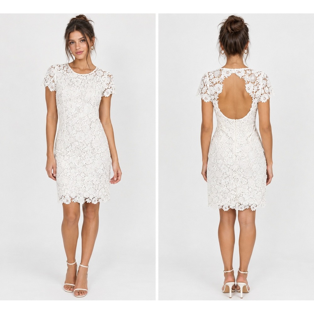 Lulus White Floral Lace Open Back Sheath Dress Short Sleeve Bridal Shower Size L
